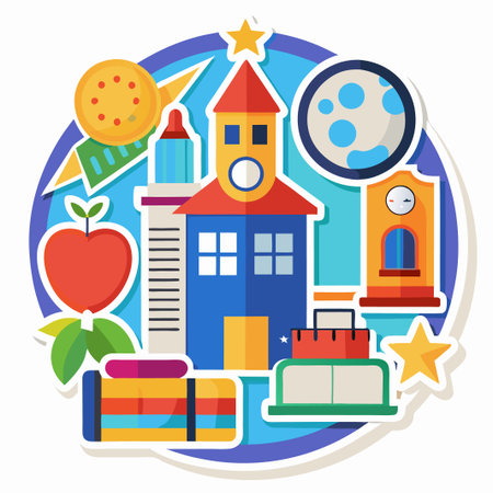 Colorful school building icon with star, apple, clock, books, and pencil.のイラスト素材
