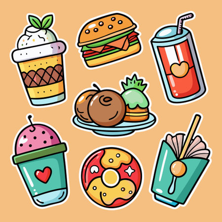 Collection of cute cartoon food stickers burger, donut, ice cream, drink, and pastries.のイラスト素材