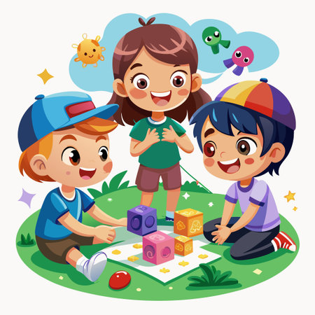 Three happy kids playing with colorful blocks on a green grass field.のイラスト素材