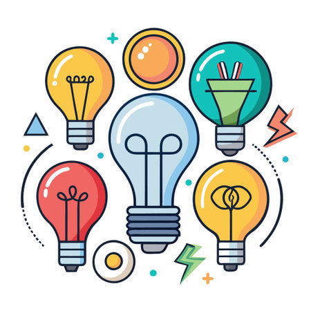 Colorful light bulbs with abstract shapes and patterns, representing creativity and innovation.のイラスト素材
