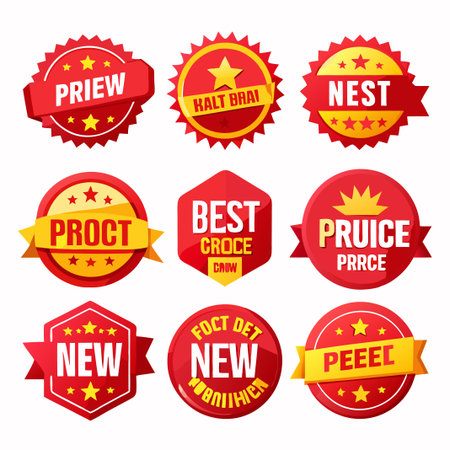 Set of nine red and yellow badges with text, stars, and ribbons.のイラスト素材