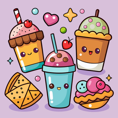 Cute cartoon desserts and drinks with funny faces.のイラスト素材