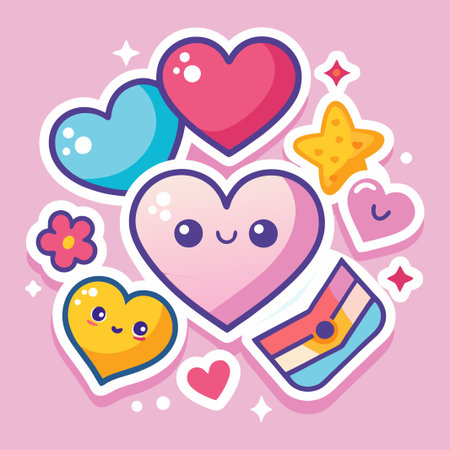 Cute Cartoon Hearts, Stars and Flowers on a Pink Background.のイラスト素材