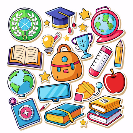 Colorful cartoon stickers with various school supplies and symbols.のイラスト素材