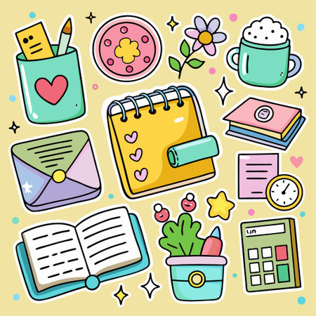 Cute colorful cartoon stationery stickers with an open book, notebook, pencil, calculator, clock, flower, and cup.のイラスト素材