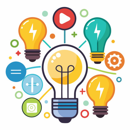 Four light bulbs with symbols inside, connected with lines and abstract shapes around a big light bulb.のイラスト素材