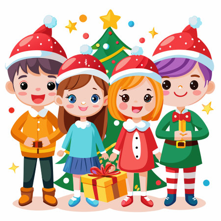 Happy kids in Santa hats and elf costume with Christmas tree and gift.のイラスト素材
