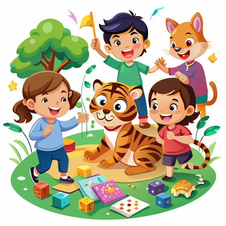 Happy kids playing with a tiger and cat in the park.のイラスト素材