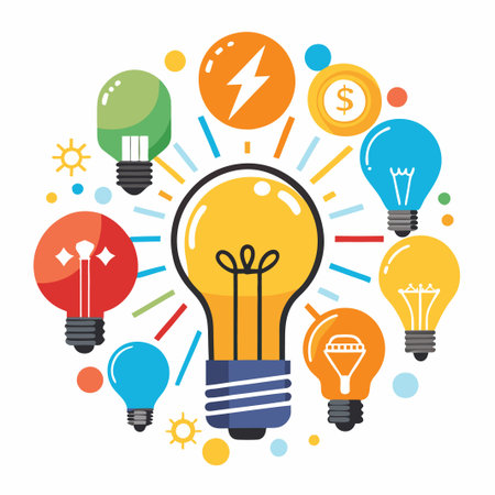 Multiple lightbulbs with colorful background and surrounding icons representing money, sun and energy.のイラスト素材