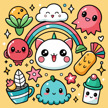 Cute Kawaii Cartoon Characters with Rainbow.のイラスト素材