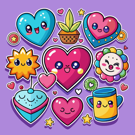 Cute cartoon hearts, stars, and flowers.のイラスト素材