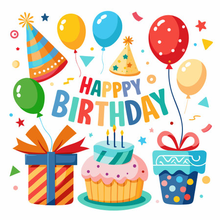 Colorful Happy Birthday Illustration with Balloons, Cake, and Gifts.のイラスト素材