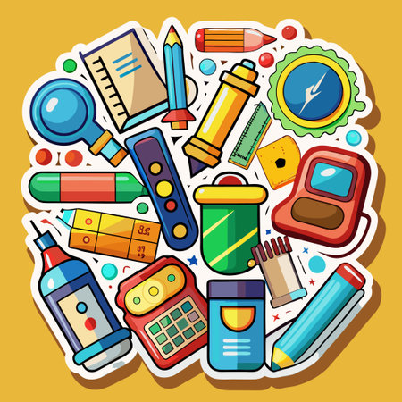 Colorful cartoon school supplies in sticker style.のイラスト素材