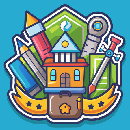 Colorful house illustration with stationery supplies.のイラスト素材