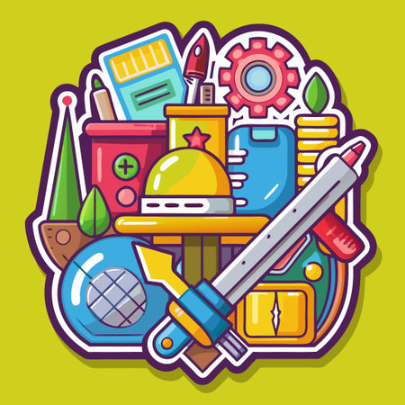 Colorful cartoon illustration of various objects.のイラスト素材