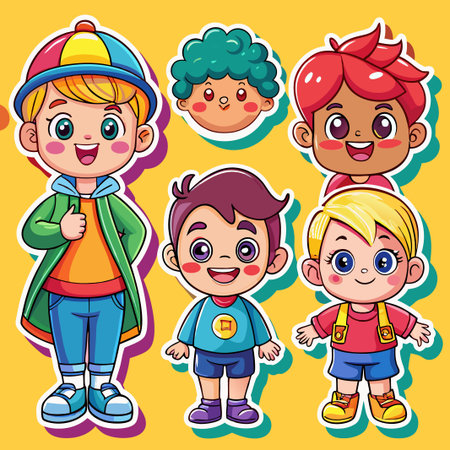 Five cartoon boys with different hair colors and outfits, standing on a yellow background.のイラスト素材
