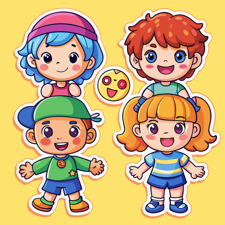 Cute cartoon kids with happy faces and smiles on a yellow background.のイラスト素材