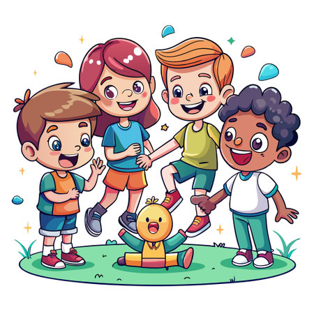Four happy cartoon kids playing in a park, one kid is holding a toy chicken.のイラスト素材