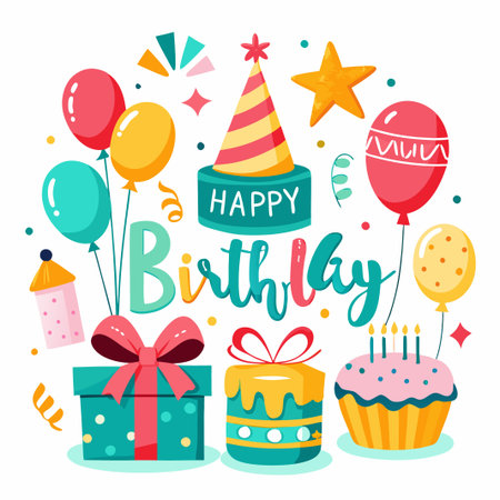 Colorful happy birthday celebration with balloons, gifts, cake and party hat.のイラスト素材