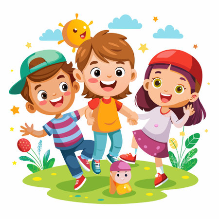 Three happy kids playing in a park with a sunny sky and green grass.のイラスト素材