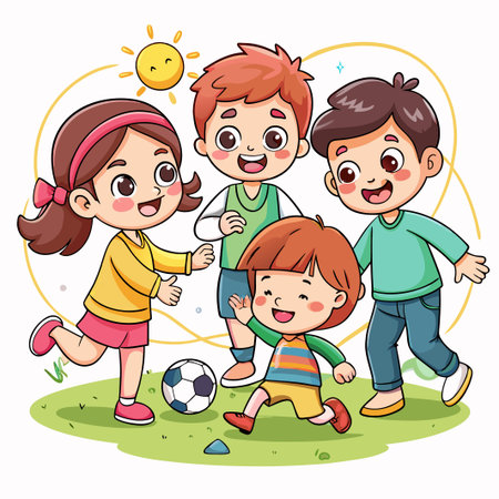 Four children playing soccer in a park on a sunny day.のイラスト素材