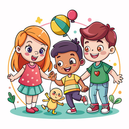 Happy children playing together with a cute toy, in a cartoon style.のイラスト素材