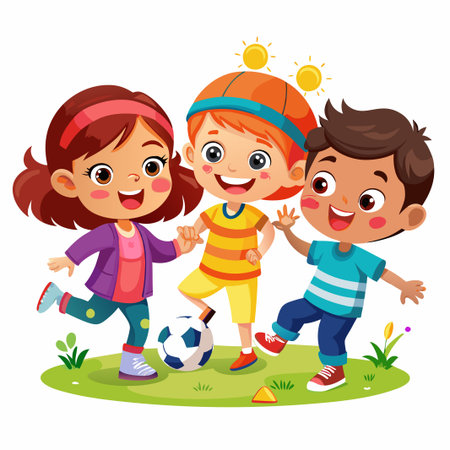 Happy kids playing soccer in a field.のイラスト素材