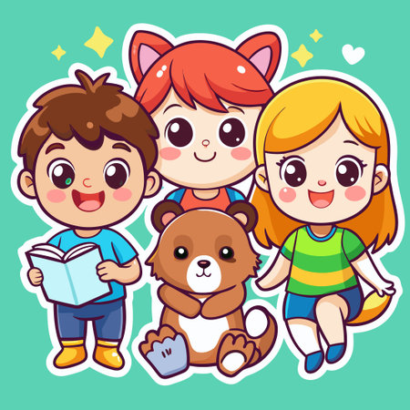 Cute cartoon characters of a boy, girl, and bear.のイラスト素材