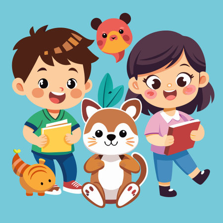 Cute cartoon illustration of a boy and a girl with their animal friends, both holding books.のイラスト素材