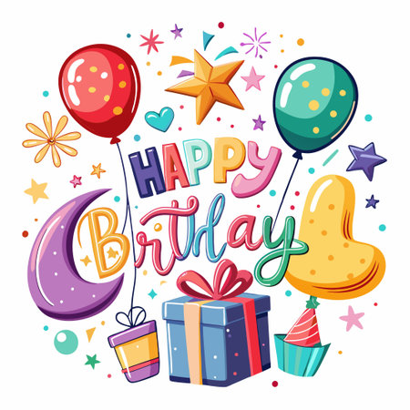 Colorful happy birthday greeting with balloons, stars, and gifts.のイラスト素材