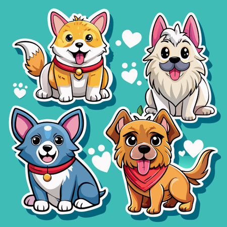 Adorable cartoon dogs on a blue background with white hearts.のイラスト素材