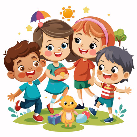 Happy kids playing in the park with a sunny sky.のイラスト素材