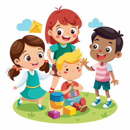 Four happy kids playing together in a park.のイラスト素材