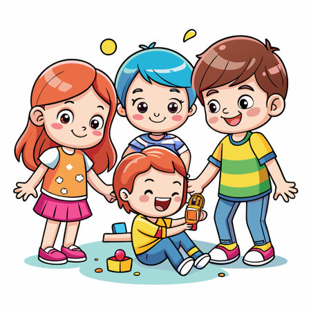Four cartoon children happily playing together.のイラスト素材