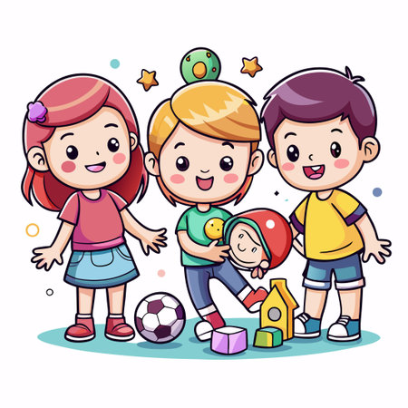 Three cute cartoon children playing with toys and a soccer ball.のイラスト素材