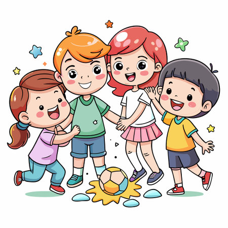 Four happy children smiling and holding hands near a soccer ball.のイラスト素材