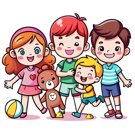 Four happy cartoon children playing together with a teddy bear and a ball.のイラスト素材