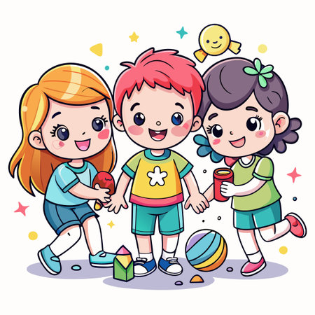 Three happy kids playing together outdoors.のイラスト素材