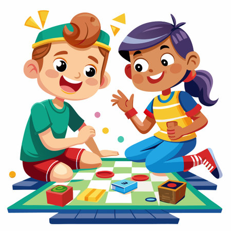 Two happy kids playing a board game with colorful tokens on a checkered board.のイラスト素材