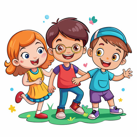 Three happy children smiling and standing together on a green grass patch.のイラスト素材