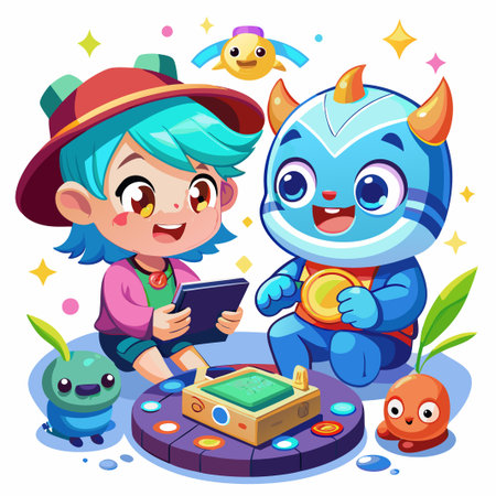 Cartoon friends playing a game with a magic box and cute little creatures around them.のイラスト素材
