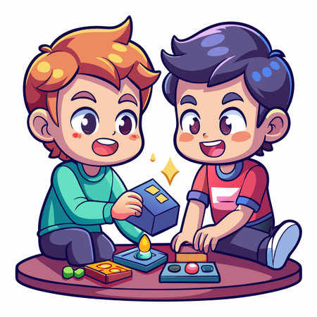 Two happy boys playing with colourful blocks on a table.のイラスト素材