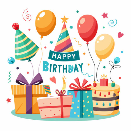 Colorful Birthday Party with Balloons, Cake, and Presents.のイラスト素材