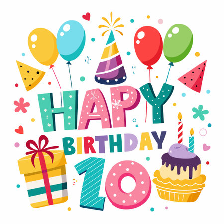 Happy 10th Birthday card with colorful balloons, cake, and a gift.のイラスト素材