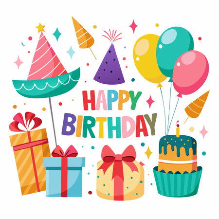 Colorful Birthday Party Illustration with Cake, Presents, and Balloons.のイラスト素材