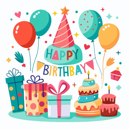 Colorful birthday celebration with balloons, cakes, and gifts.のイラスト素材