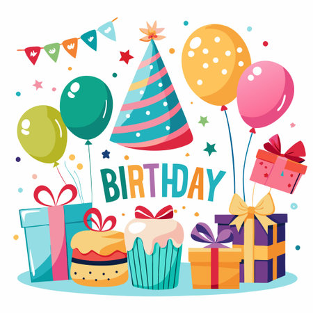 Colorful birthday party illustration with presents, balloons, cake and party hat.のイラスト素材