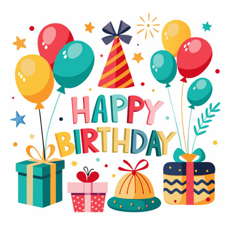 Colorful Happy Birthday Card with Balloons, Presents, and a Party Hat.のイラスト素材