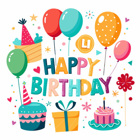 Colorful Happy Birthday card with balloons, cake and gift.のイラスト素材