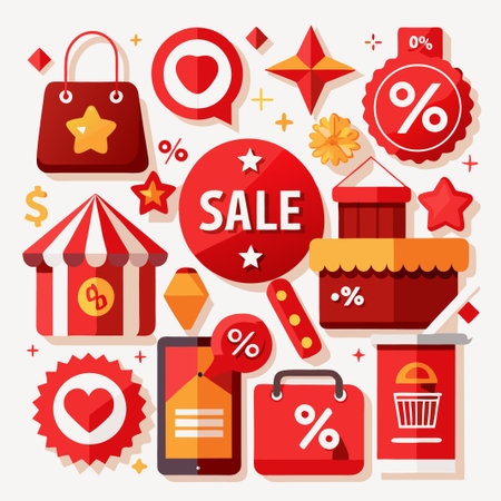 Red and yellow sale icons with a shopping bag, star, tent, and phone with percentage sign.のイラスト素材